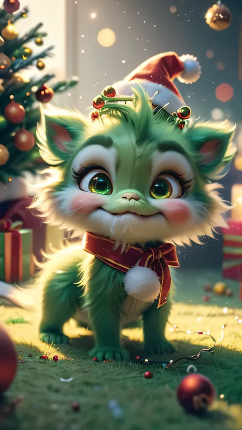 (Best Quality, Super Detail, Masterpiece, Representative Work, Official Art, Professional, Super High Detail, 8k:1.3), (Full Body) Very cute baby Grinch crawling around with other baby Grinches, they all have Santa outfits on, one has a sign saying Where i...