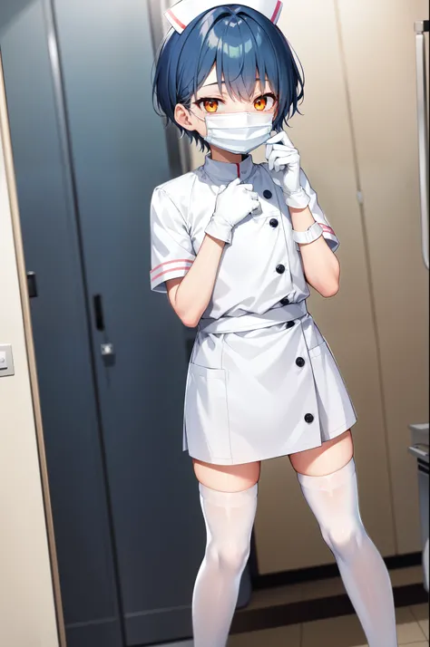 1boy, solo, male focus, nurse, white nurse cap, white nurse uniform, ((white legwear, zettai ryouiki)), white gloves, bobcut, blue hair, orange eyes, ((white surgical mask, covered nose)), standing, ((hospital room)), sharp outline, short sleeves, shota, 1...