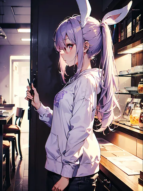  realistic, top quality,  ultra detailed ,  LONG PONYTAILS ,  THE MOST DELICATE AND BEAUTIFUL , Floating softly,  high definition , ( 1 girl), ( highest image quality taken by Ki,4K,8k,masterpiece:1.2), ( light purple hair:1.5),(Rabbit ears:1.5),( long hai...