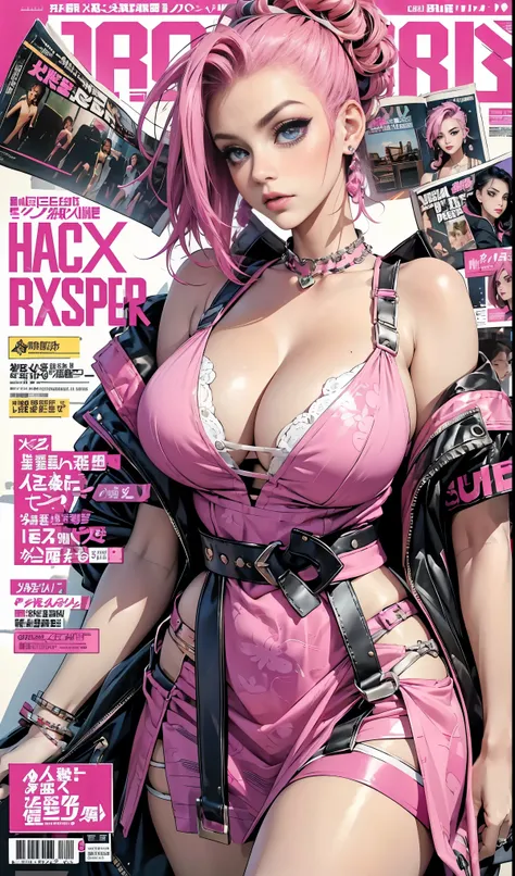 Best quality, Works of masters, A high resolution, 1girl, Super beautiful face, super beautiful eye, Super beautiful pink mohawk hair，(MagazineCover:1.2)，Trendy Harajuku-inspired rock outfits，Expose shoulders, accentuated super huge enormously gigantic , c...