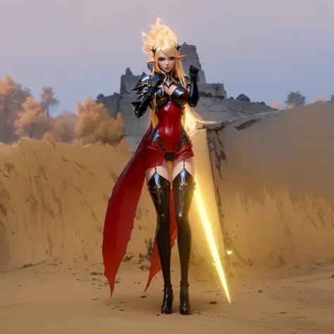 There is a DARK ELF girl in a latex suit , a tight short bikini , bikini armor , 2b,  elf hooker ,  in bardel armor ,  Computer screenshot ,  a very sexy devil outfit in a latex bikini, long golden hair, big boobs,  slim build 
