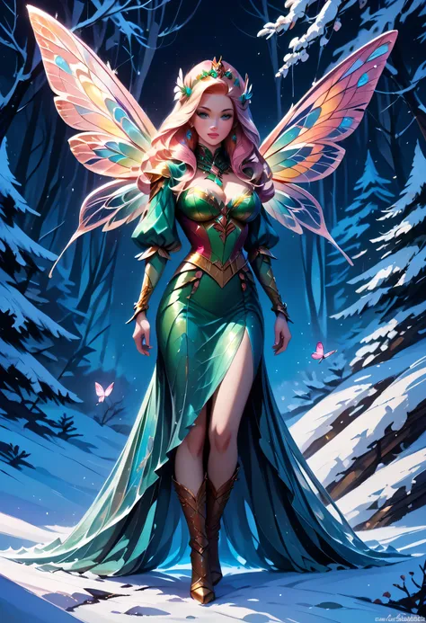 score_9, score_8_up, score_7_up, score_6_up, score_5_up, score_4_up, watercolor art of a most beautiful fairy playing in the snow, (full body shot: 1.3),  a beautiful fairy, spread butterfly wings, dynamic hair color, dynamic hair style, busty, wearing col...