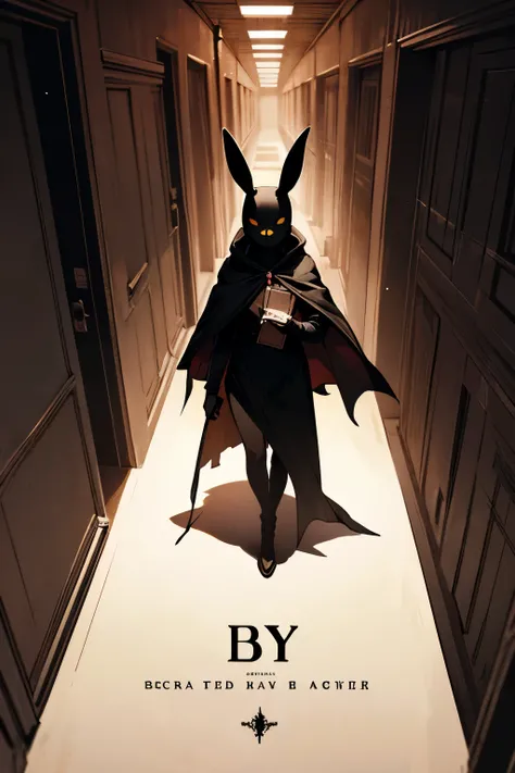 A black bunny wearing a cloak, standing in the middle of an endless corridor, gleaming yellow eyes, holding a book in hand. Creepy atmosphere. THE WORD (EBBY) IS WRITTEN AT THE TOP AS A STORY TITLE, WRITTEN IN CREEPY FONT. book Cover.