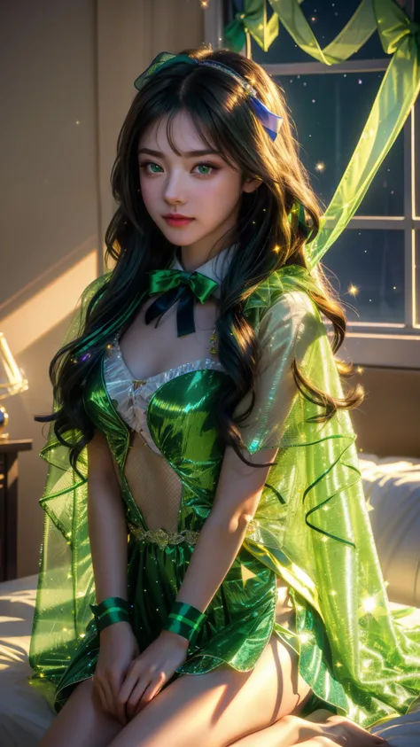 4K, UHD, masterpiece, Best quality, 1 girl, detailed face, detailed eyes, realistic Eyelid, Kda, Alone, very Long hair, small breasts, (green sparkle ribbon), ((mesh ribbon)), ((ribbon cape)), in the bedroom, looking at viewer, Multicolored glowing crystal...