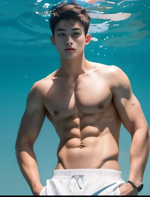 School cute boy, slim fit outfit, topless, swimming pants, photorealistic, photo portrait in the highest quality ! Bright and contrasting colors .