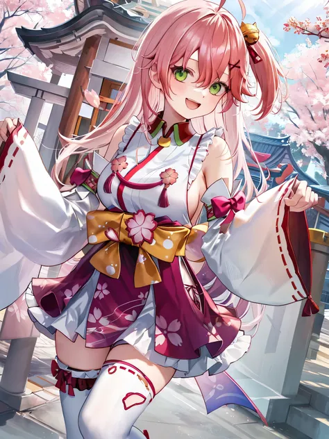 masterpiece, best quality, highres, miko1, sakura_miko, 1girl, big_boobs, solo, ahoge, x_hair_ornament, light_red_hair, floral print, hairclip,(side_less_clothes:1.5), (side_boobs:1.5), hair_bell, floral print, long_hair, hair between eyes, one side up, wh...