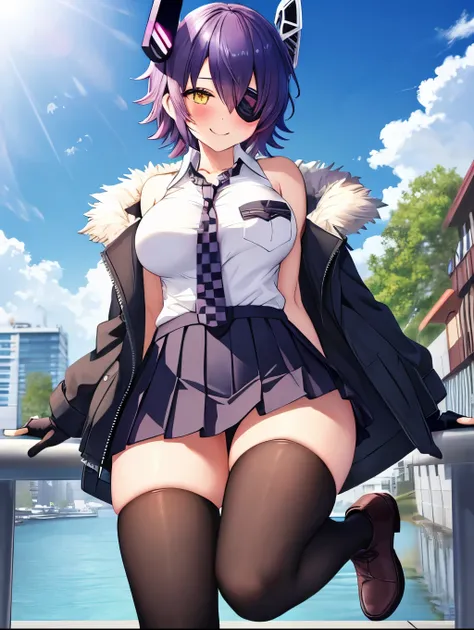 best quality, masterpiece, solo, {tenryuu_kantaicollection:1.15}, teen_girl, eyepatch, short_hair, purple_hair, yellow_eyes, headgear, breasts, necktie, large_breasts, smile, 1girl, blush, checkered_necktie, hair_over_one_eye, shirt, collared_shirt, white_...