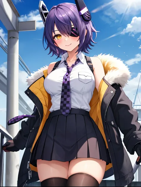 best quality, masterpiece, solo, {tenryuu_kantaicollection:1.15}, teen_girl, eyepatch, short_hair, purple_hair, yellow_eyes, headgear, breasts, necktie, large_breasts, smile, 1girl, blush, checkered_necktie, hair_over_one_eye, shirt, collared_shirt, white_...