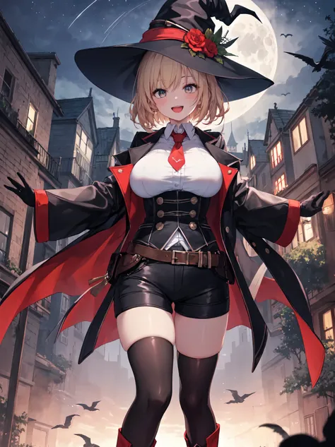 best quality, integrated scenery, integrated background, extremely delicate and beautiful, meticulous details, good composition, , cute face, perfect face, perfect hands,masterpiece, best quality, witch hat, black gloves, striped_thighhighs, looking at vie...