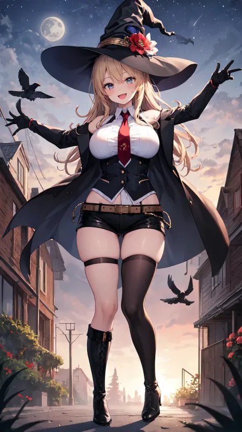 best quality, integrated scenery, integrated background, extremely delicate and beautiful, meticulous details, good composition, , cute face, perfect face, perfect hands,masterpiece, best quality, witch hat, black gloves, striped_thighhighs, looking at vie...