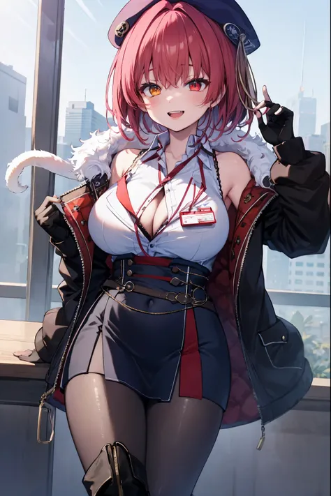 ((Masterpiece)), (Best Quality), marine_beret, Collared_White_Shirt, Sleeveless, High-waisted Skirt, Pantyhose, Blue Jacket, Fur Embellishment, Fingerless Gloves, ID Card, Solo,marine_officer,, black pantyhose, black gloves, thigh boots, beret,houshou_mari...