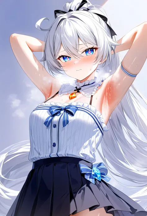 score_9, score_8_up, score_7_up, masterpiece, best quality, very aesthetic, absurdres, 1girl, adult grown woman, solo, kiana kaslana (honkai impact 3rd), herrscher of finality, white hair, ahoge, ponytail, long hair, blue eyes, symbol-shaped pupils, blush,...