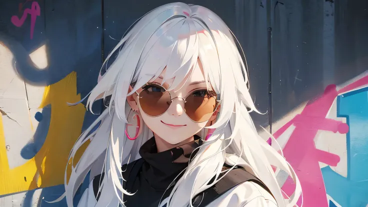 masterpicece, best quaility, girl, cold expression, long white hair, bang hair, wearing sunglasse, Both earrings look the same, smiling, white adidas, graffiti on the wall, colorful graffiti, Clear picture quality, 4k picture quality