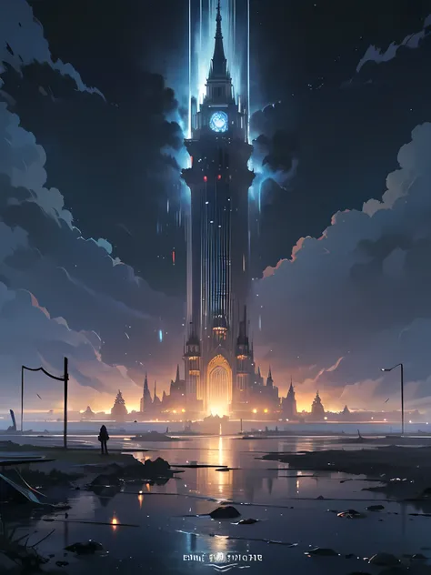  Desolate World and Tower ,  devastated world, Silver Tower ,  Vast Plains Shrouded in Fog, The ruins of the city , Dark Skies,  Destructive Clouds ,  creepy atmosphere, A rough road, Fantastic Light