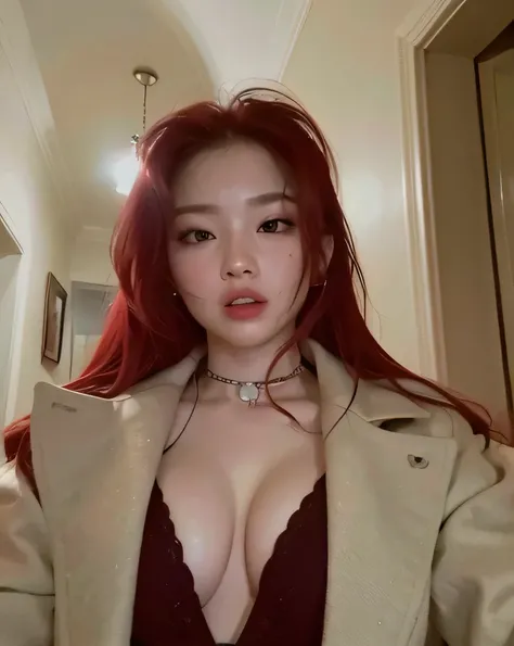 Jennie Kim Blackpink, red hair, black bra, big boobs, huge cleavage