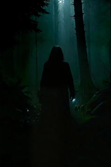 A woman from behind, black hair and medium height, with black clothes, walking in a dark forest with a very bright moonlight.   Science Fiction Horror,  dramatic lighting , 4K,  conceptual art,  ,  volumetric lighting ,  global lighting, Render of Octane ,...