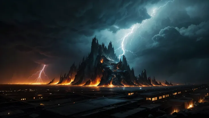  An apocalyptic and dark scene ,  with dark clouds and hellish flames descending from the sky ,  illuminating a devastating flood .  The Earth is cracked and sinking ,  with rivers of blood mixed with fire engulfing ruined cities. Monstrous giants ,  looki...