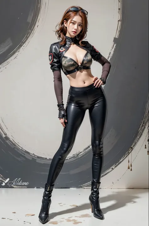 Beautiful Asian woman, military style bra, cropped leather coat, leather pants