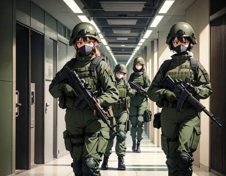 Six female special forces in dark green M51 uniforms， Special Steel Helmets 、 anti-virus mask 、Goggles、Combined magazine bag 、Tactical shoulder strap、Military Pants、Knee pads、Fighting in an indoor hallway 、 a masterpiece of shooting posture 、 best quality、...