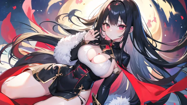  Delicate Eyes ），（Clear and beautiful eyes：1.61），masterpiece， 1 young girl ，（Black clothes and some red gems）， long black hair，（ She has a huge red jewel on her chest），Good Hand，（（Starcraft Cataclysm ））， full-body photo ， fighting posture ，（Red Eyes：1.466）...