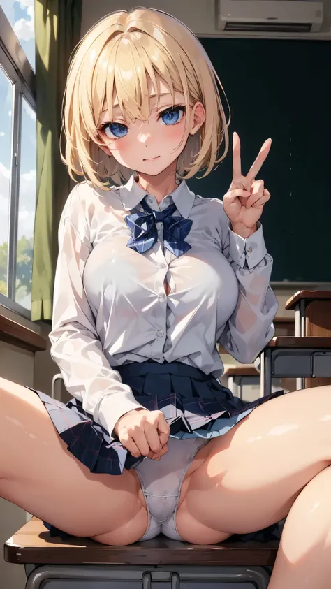 ​masterpiece、 best quality、 Details、 Female 1 person 、  blue eyes 、Blonde、 short hair、blouse、 pleated skirt 、Colossal 、‎Classroom、blouse unbuttoned、Peace sign with hand、Sit on a desk with your legs apart、 bend your knees and spread your legs、 white panties