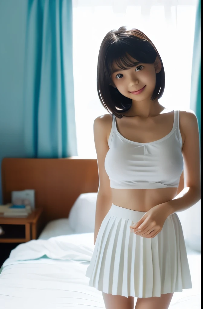 (masterpiece, highest quality:1.2), ((big chest:1.2)), 8k, ((white plain thin cotton tank top:1.2)), ((full body:1.2)). ((Beautiful legs:1.2)),  ((white pleated mini skirt:1.2)), 85mm,Official AR RAW Photos, Super slim slender beautiful girl, ((big breasts...