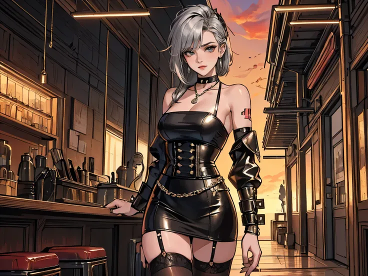 ((masterpiece, highest quality, 4k, 8k, 32K, masterpiece:1.2, ultra detailed, exquisite detail, highly detailed, accurate anatomy)),
((cyberpunk)),
((female: tomboy, hair: shaved, silver hair, accessories: silver earrings and black choker necklace, sexy, m...