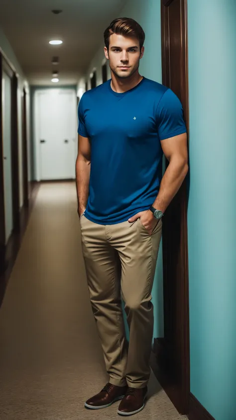 Portrait of handsome Caucasian man in the hallway, Night, Blue shirt, Brown hair