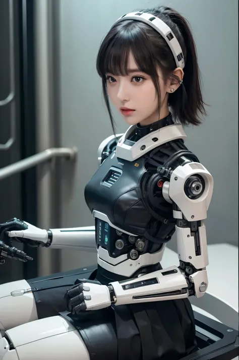 masutepiece, Best Quality, Extremely detailed, (Photorealistic:1.4),(Raw photo) (8K, 4K, Best Quality, hight resolution, 超A high resolution:1.1), (masutepiece, Realistic, Photorealsitic:1.1), 1girl in, Japaese Cyborg Girl,Plump ,Navy Pleated Mini Skirt,Bla...
