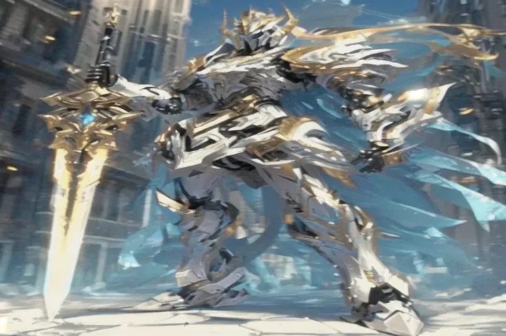   close-up of a robot holding a sword in the city,  Gold Paladin , Holy Knight, ( (  God of AI Art  ) ), White Armor, Im wearing light armor ,  wearing ether combat armor , glossy White Armor,  SILVER ICE REFLECTIVE COLOR ARMOR ,  ethereal armor ,  Dynamic...