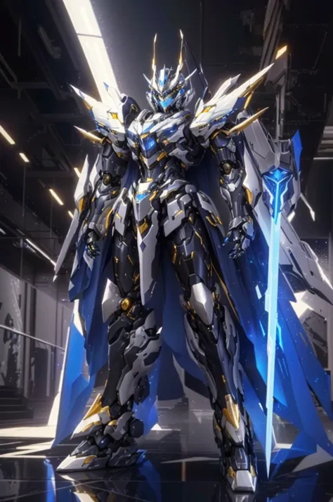 The robot is standing in the room、Close-up,  SILVER ICE REFLECTIVE COLOR ARMOR , Anime Mecha Aesthetics , dreamy mecha theme , Cool mecha style,  Gold Paladin ,  Arknights, Mechanical Aesthetics, Mecha style greek god, Blue and Ice Silver Armor , ( (  God ...