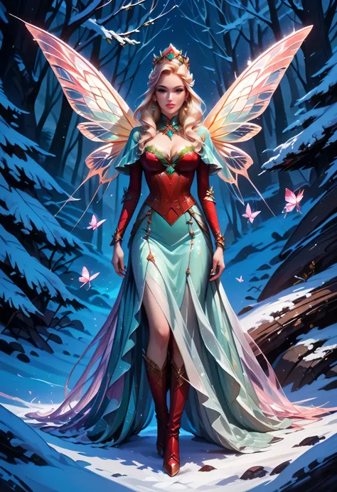 score_9, score_8_up, score_7_up, score_6_up, score_5_up, score_4_up, watercolor art of a most beautiful fairy playing in the snow, (full body shot: 1.3),  a beautiful fairy, spread butterfly wings, dynamic hair color, dynamic hair style, busty, many shades...