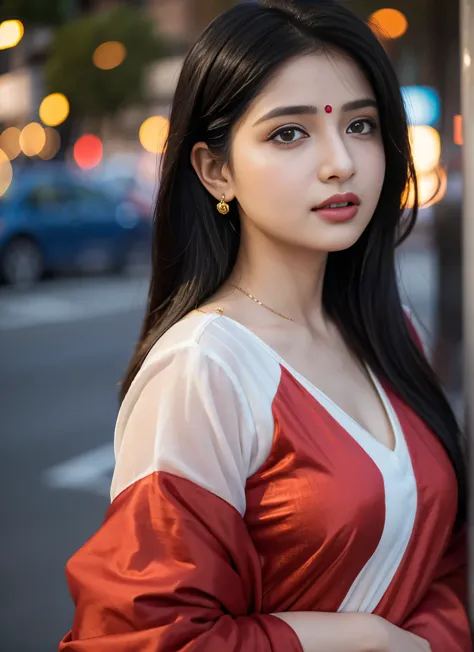 (((desi girl))), chubby face, natural skin, wearing hot deep neck top and dupatta, charming black hair, city streets background, bokeh