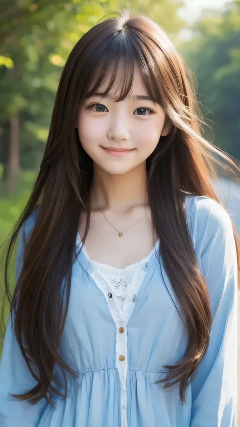  so cute、、 girl 1 girl,  high definition ,  long hair, chest,  with a little bit of sadness,  smiles, 