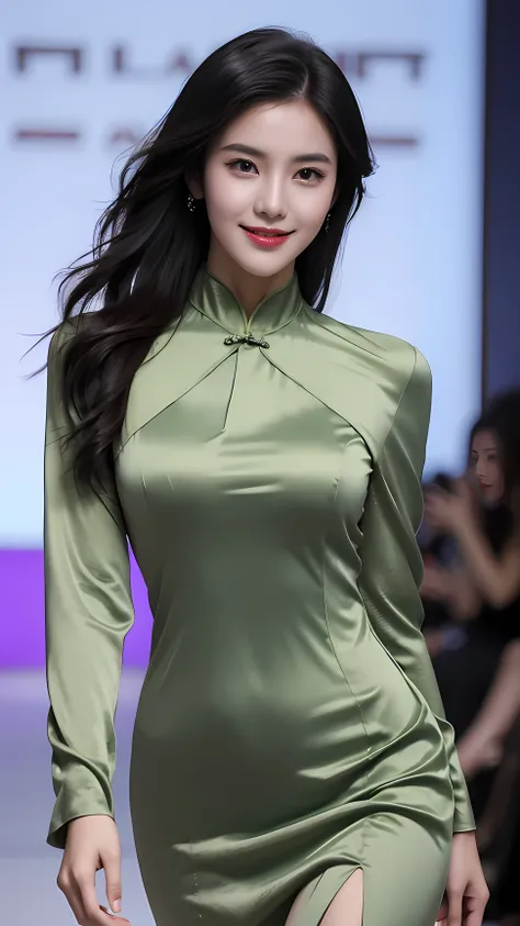 A woman，Strange and thrilling horror atmosphere on the catwalk ， looking at the camera，Smile，sexy，Smile，Strange and thrilling horror atmosphere on the catwalk ，Best quality， HD quality ， asian girl，Fashion， medium breasts,cheongsam