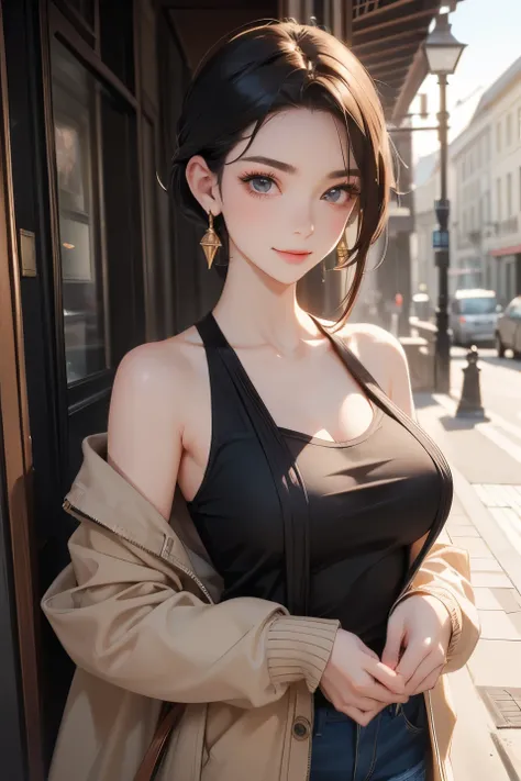  top quality , detailed face ,  cute face,  Masterpiece ,  lady,  cap, ((bold, slicked back)), forehead, smile ,  outdoor, open cafe, brown silky super bob hair,  side lock ,　jacket, Tank tops, Shorts, (Healthy Body)、 earrings,  she has big breasts, cardig...