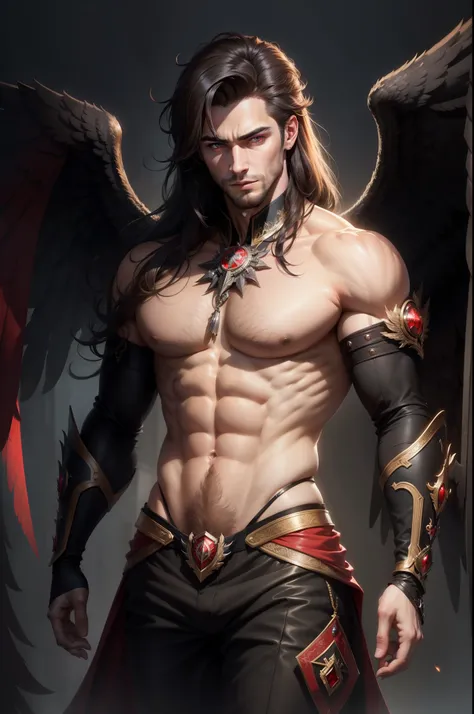 ( masterpiece ,  best quality ,  high resolution)) A handsome man with black wings,  red eyes,  standard hairy body  