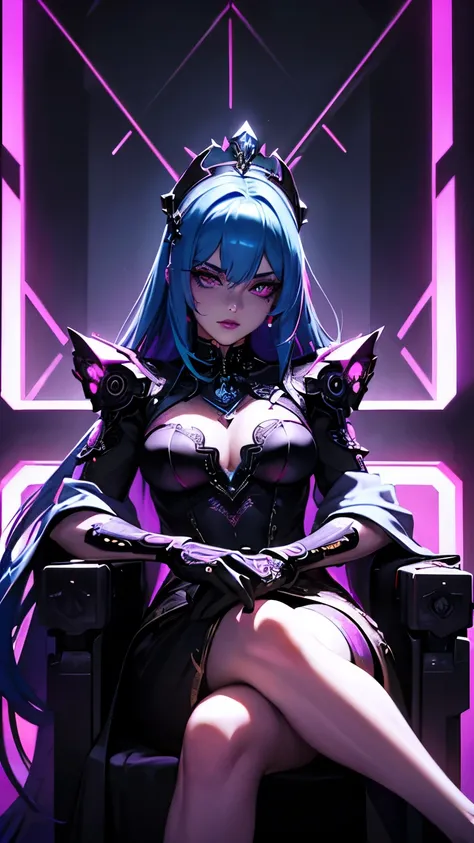 a cyberpunk queen wearing an elaborate crown, sitting on a throne in a dimly lit room with neon lights, anime-inspired cartoonish style, beautiful detailed eyes, beautiful detailed lips, extremely detailed face, long eyelashes, intricate detailed clothing,...