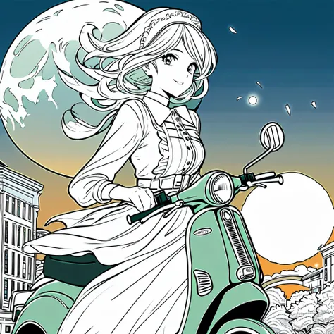 lineart, infrared filter, {worst quality, low-quality}, A girl in a hoodie, riding a scooter, a Vespa, hair blowing in the wind, ((Perfect hand:1.2)), wearing a french maid, white ruffle apron, push up chest corset, Welcome Smile, ((full moon background)),...