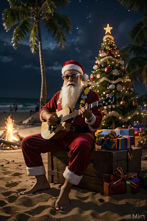 An illustration, master part, realistic 3d render, Estilo Disney Pixar, uma pedra Papai Noel aparece, Sri Lankan Santa clause playing the guitar, wearing Hawaii shirt sunglasses and with his unique look that combines the magic of Christmas with the rebelli...