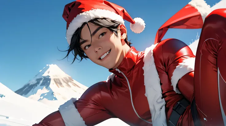  Japanese　　 handsome　Short cut　 black hair　　male　Slim figure　smile　 Santa Claus Costume Image Red Tight Full Body Suit　　　　Santa hat　　Antarctica　In the snow　blue sky　 closeup  　　Red Compression Suit Full Body 　Leg spread　　　Mega Bulge　　　　Sexy