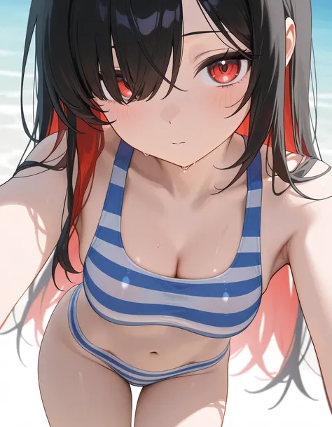 masterpiece,1girl, colored inner hair black hair red hair, Striped Swimsuit 、Hair on one eye、 long hair