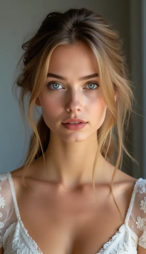 An 18-year-old Russian girl with loose golden hair, sharp features, radiant skin and sparkling blue eyes. He looks directly at the camera. Portrait.