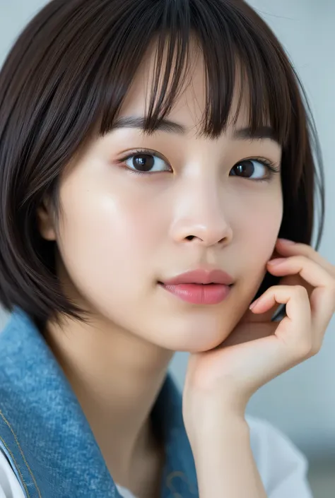( top quality, exquisite resolution, Super cute face, Cute pose details ,masterpiece), ( they love each other ),8K Yen,( detailed face ), Delicate and realistic skin texture, ( Dim on Good Side ), Brown Hair, blunt bangs, bob cut, Lightsmile