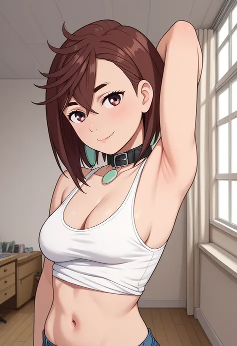 momo ayase, short hair, brown hair, brown eyes, bangs, thick eyebrows, medium breasts, perfect face, (ultra high quality), looking viewers, collar bones, medium breast, navel, stomach, belly, armpit, sideboobs, slim body, smile, crop tanktop, denim short, ...