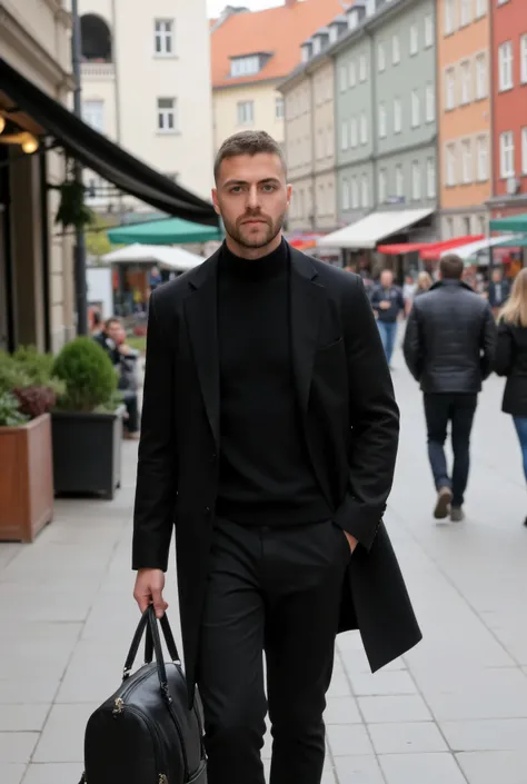 "A young man walks through an urban environment in Stockholm Sweden, dressed in a modern, casual outfit that balances comfort and style. His hair is a short buzz haircut. He is dressed in an all-black outfit that consists of a sleek, tailored coat over a d...