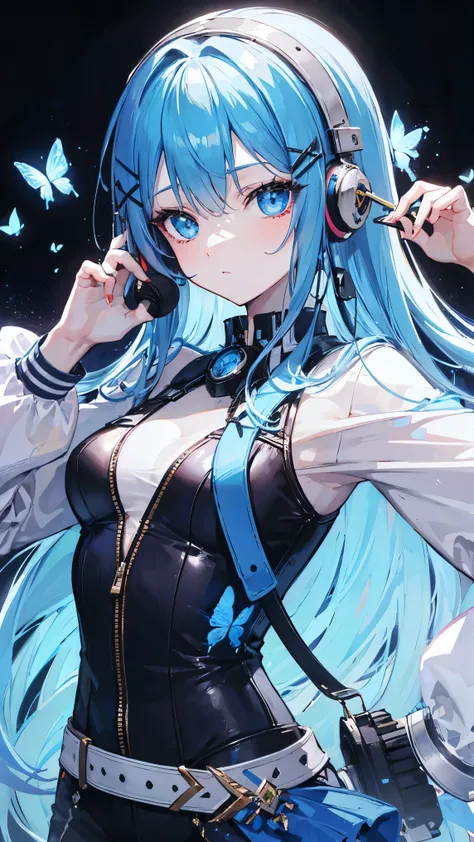  long hair, Straight bangs,  blue hair,  blue eyes, Solo, Light bolt touch , headphone mic, X hairpin, butterfly, flower, jewel