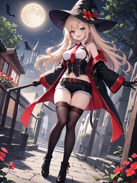 best quality, integrated scenery, integrated background, extremely delicate and beautiful, meticulous details, good composition, , cute face, perfect face, perfect hands,masterpiece, best quality, witch hat, black gloves, thighhighs, looking at viewer, smi...