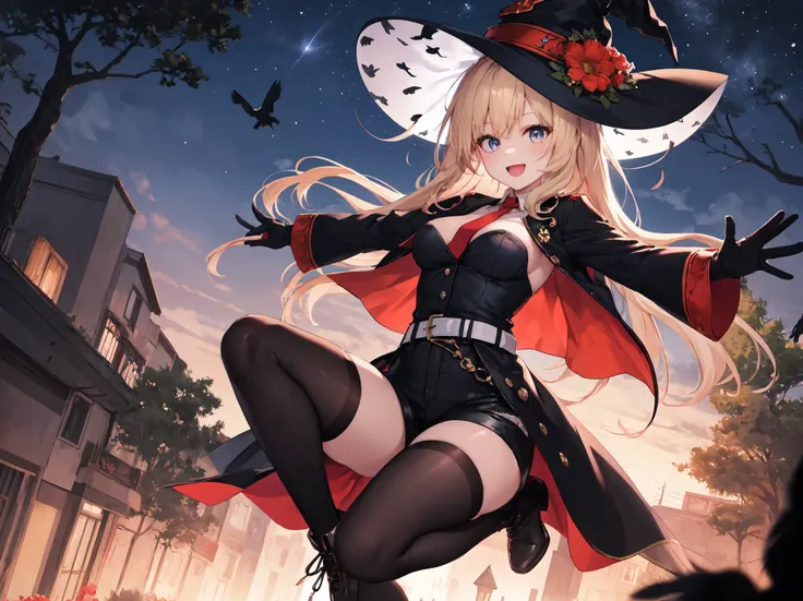 best quality, integrated scenery, integrated background, extremely delicate and beautiful, meticulous details, good composition, , cute face, perfect face, perfect hands,masterpiece, best quality, witch hat, black gloves, thighhighs, looking at viewer, smi...