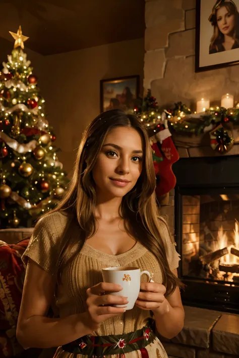 a Latina woman, 30 years old, long blonde hair, honey-colored eyes, smiling, drinking a cup of chocolate, standing in front of the fireplace, dressed in a Christmas outfit, Christmas home background, (best quality,4k,8k,highres,masterpiece:1.2),ultra-detai...